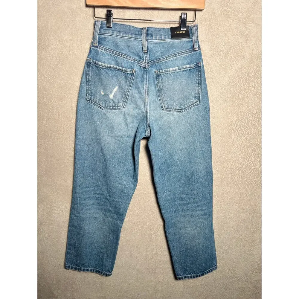 Express Womens Distressed Straight Leg‎ Dad Jean 100% Cotton Size 00